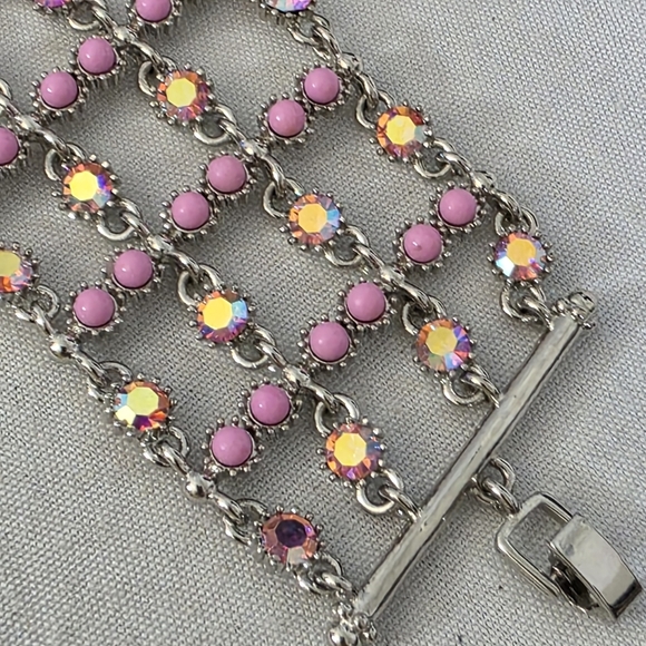 Vintage Wide Silver and Pink Lattice Bracelet - Picture 6 of 11